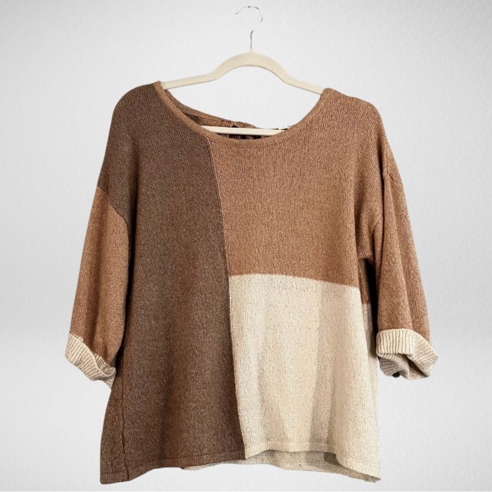 by the River Neutral Colorblock Keyhole Tie Back Sweater Size Small